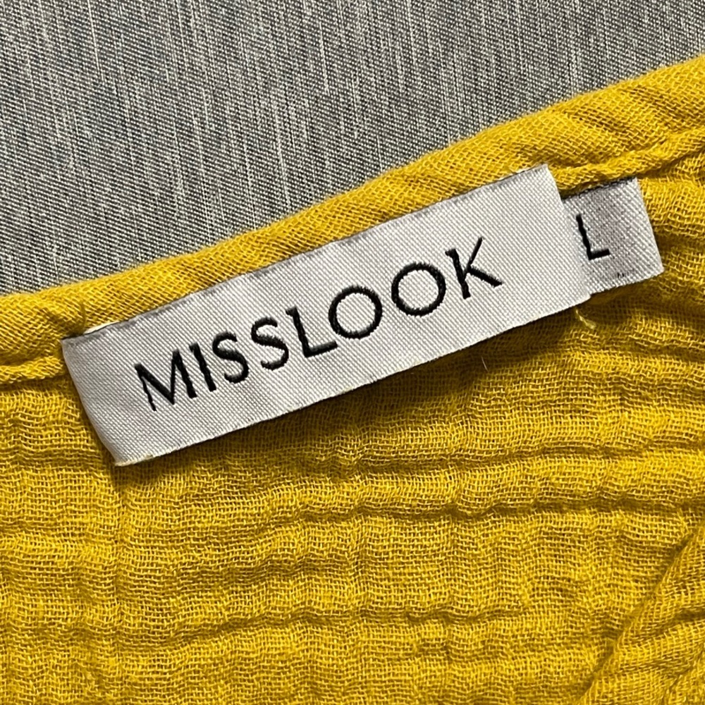 Misslook Blouse Womens Large Mustard Yellow Gauze Crinkle Top Boho Minimalist - Picture 4 of 7